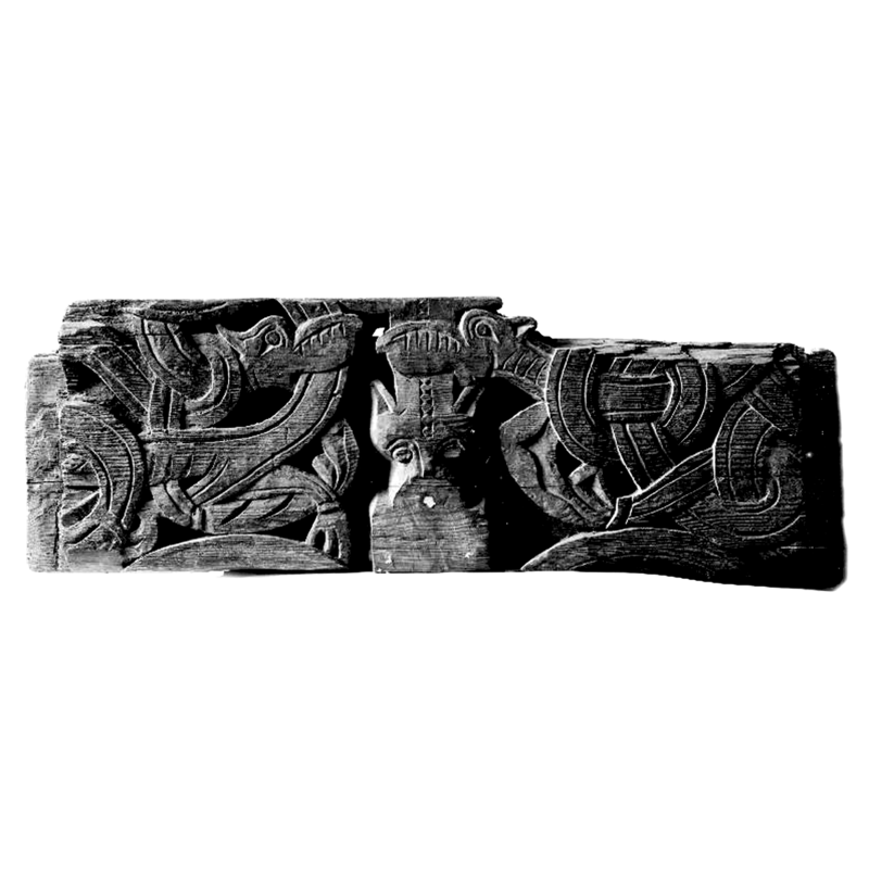 Source caption: "Överstycke till dörromfattning från den gamla stavkyrkan." -- fragment from the medieval wooden church