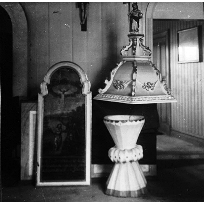 L-->R: painting, mid-18thC font and pulpit sounding board