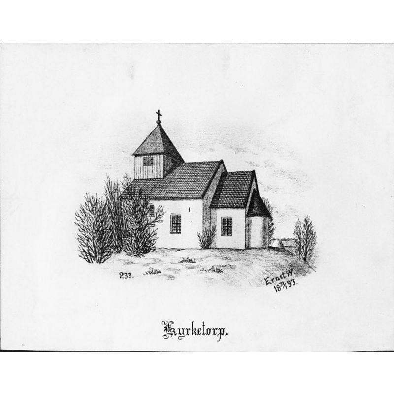 Source caption: "Kyrkan från sydöst. Tryck efter teckning av Ernst Wennerblad 1893."