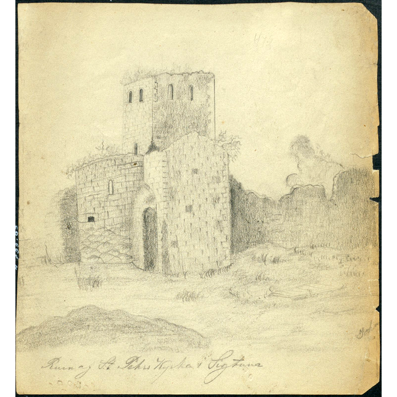 Source caption: "Raä-nr: Sigtuna 22:1. Kyrkoruinen från nordöst. Blyertsteckning, möjligen av John Ekström från 1800-talets senare hälft."