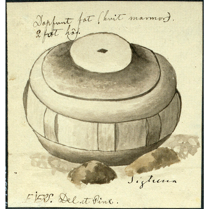 Source caption: "Dopfuntsfragment från stadslagret. Raä-nr: Sigtuna 195:1. Ofullbordad medeltida dopfuntsfot av kalksten, funnen i stadslagret, nu i Statens historiska museum (inv.nr. 12271). Akvarell från 1800-talet. Foto: Lars Kennerstedt - 2017-02-10"