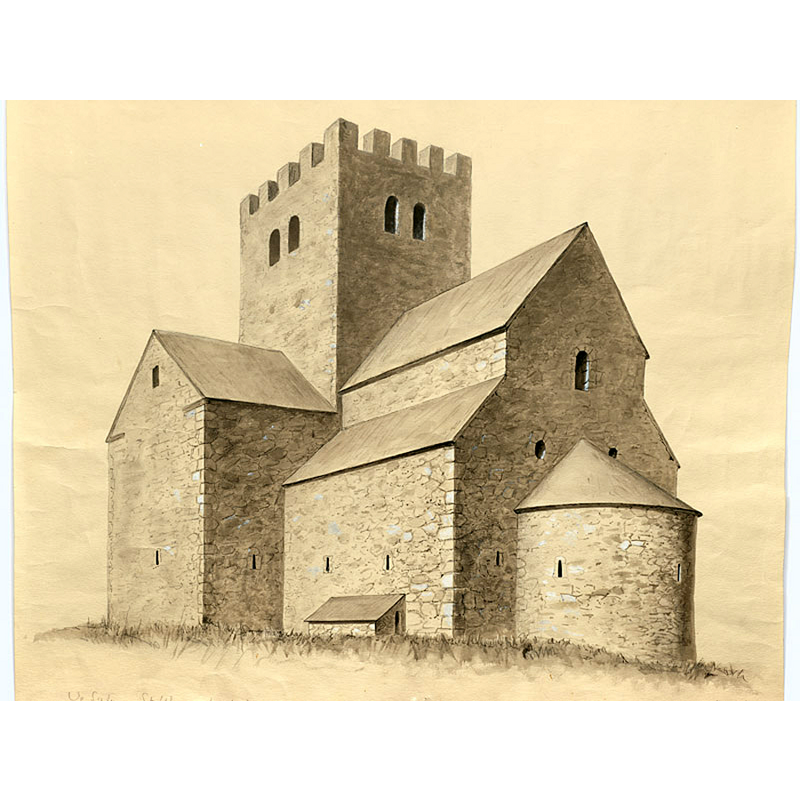 Source caption: "Raä-nr: Sigtuna 28:1. Rekonstruktion av kyrkans ursprungliga utseende från sydöst. Akvarell tillskriven Olof Sörling, troligen från 1800-talets senare hälft."