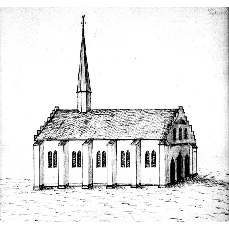the church in a late-17thC drawing -- Source caption: "Kyrkan mot nordväst. Foto efter teckning ur Peringskiöld: Monumenta, sidan 162."