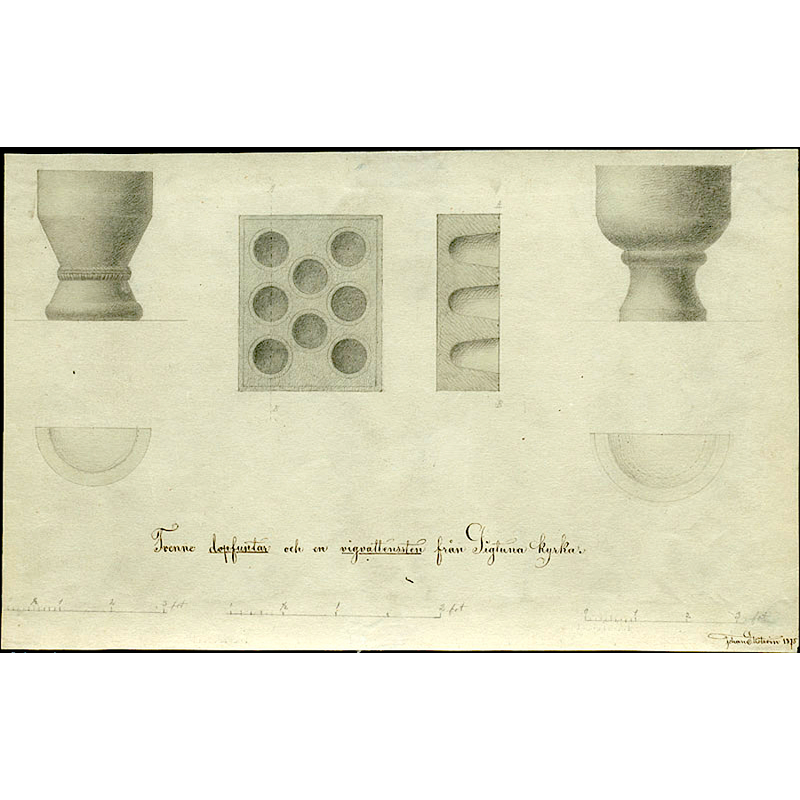 Source caption: "Två medeltida dopfuntar. Uppmätning och blyertsteckning av Johan (John) Ekström 1875." -- on the left is the font in use inside the church; on the right is the second font, now housed in the west portal