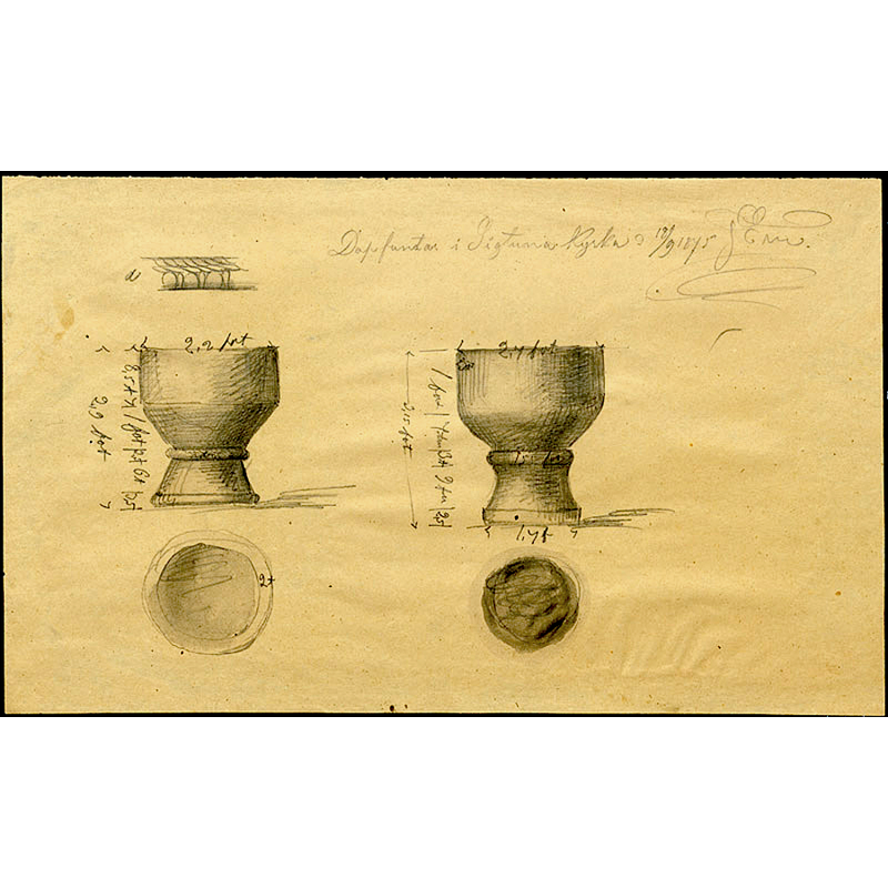 Source caption: "Två medeltida dopfuntar. Uppmätning och blyertsteckning av Johan (John) Ekström 1875." -- on the left is the font in use inside the church; on the right is the second font, now housed in the west portal