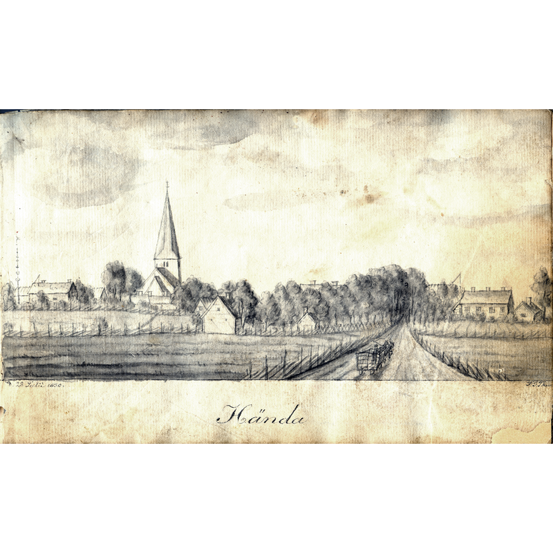 Source caption: "Laverad tuschteckning av Händene kyrka och by, daterad 28 juli 1830"