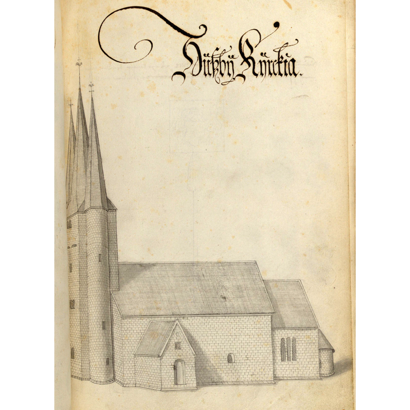 Source caption: "Husaby kyrka. Kyrka, äldre, teckning ur Peringskiölds Monumenta, avfotograferad i färg. End of the 17th century"