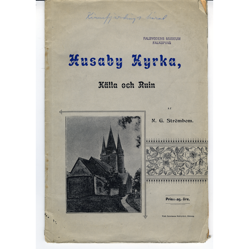 dust jacket of Strömbom's Husaby kyrka, källa och ruin (1894), in the Falbygden Museum Library