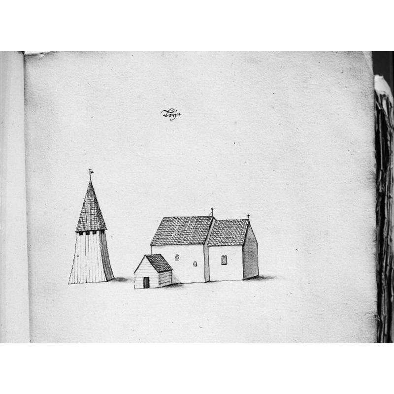 Source caption: "Kyrkan och klockstapeln från sydöst. Foto efter teckning ur Peringskiölds monumenta."