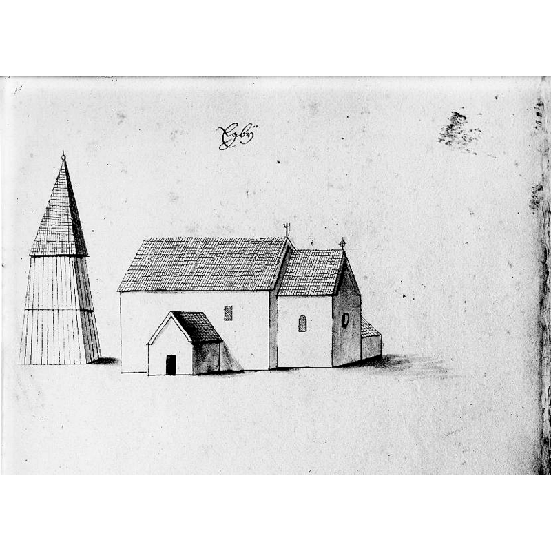 Source caption: "Kyrkan och klockstapeln från sydöst. Foto efter teckning ur Peringskiölds Monumenta."