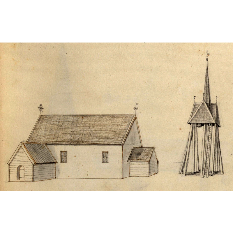a late-17thC rendering of the church and its detached bell tower
