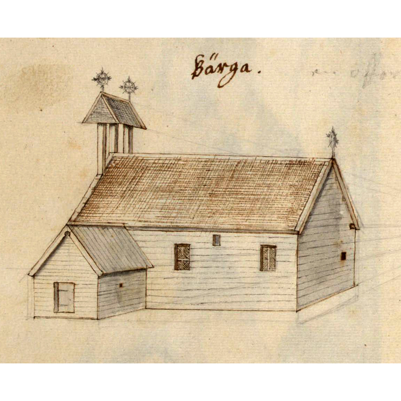 the church at Berg [aka Bärga] as seen in a late-17thC source; by this time [ca. 1700] the medieval church had already undergone some modifications, but it would further modified in the 18thC to the general shape of today's building