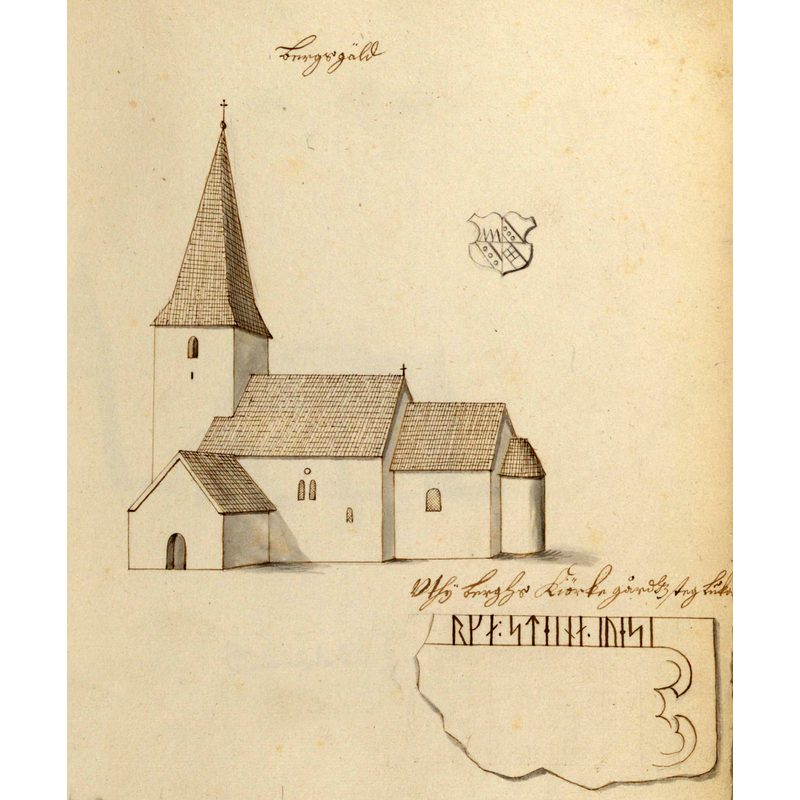 this late-17thC drawing of Bergs kyrka shows a later period when the detached bell tower was demolished and a tower was built onto the west side of the building