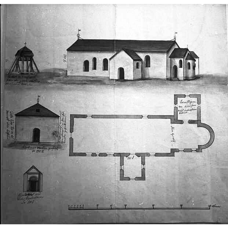 Source caption: "Ritning av kyrkan samt teckning av kyrkan, klockstapeln, kyrkans västra gavel och södra portal, 1853, avfotograferad."