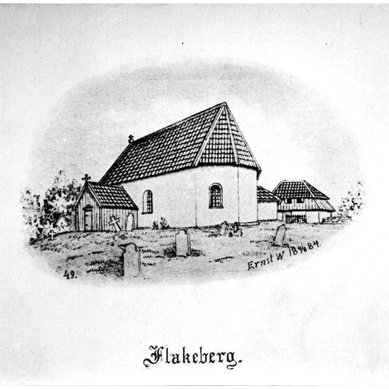 Flakeber church as it was in 1884; it had been re-built in 1725 and it would be demolished and replaced with a new building in 1899