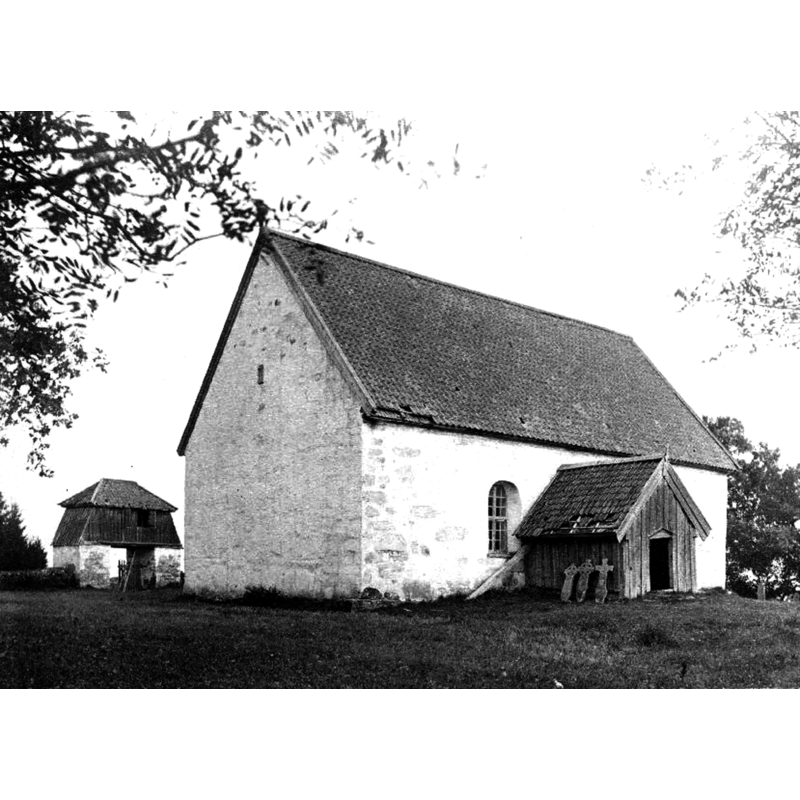 Flakeberg church as it was in 1894; it had been re-built in 1725 and it would be demolished and replaced with a new building in 1899 -- the building at the back may have served as both lychgate and bell cote