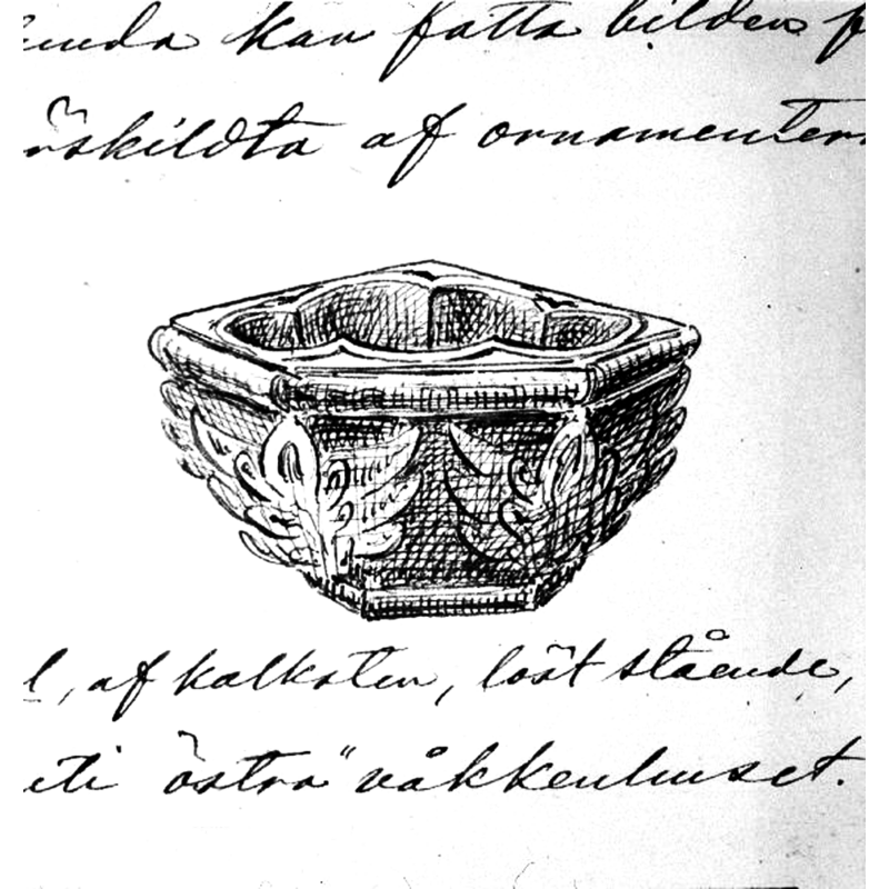 Source caption: "Vigvattenskål, kalksten. Foto efter teckning ur P.A. Säve: Berättelse 1863."