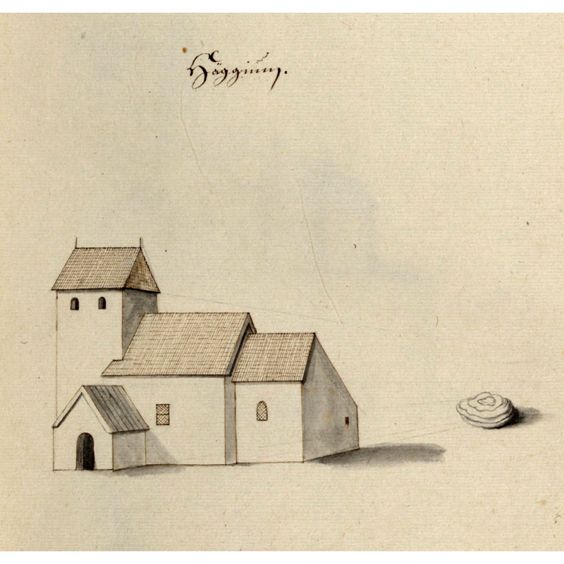Source caption: "Kyrka, äldre, teckning ur Peringskiölds Monumenta, avfotograferad i färg.. Date: 	End of the 17th century"