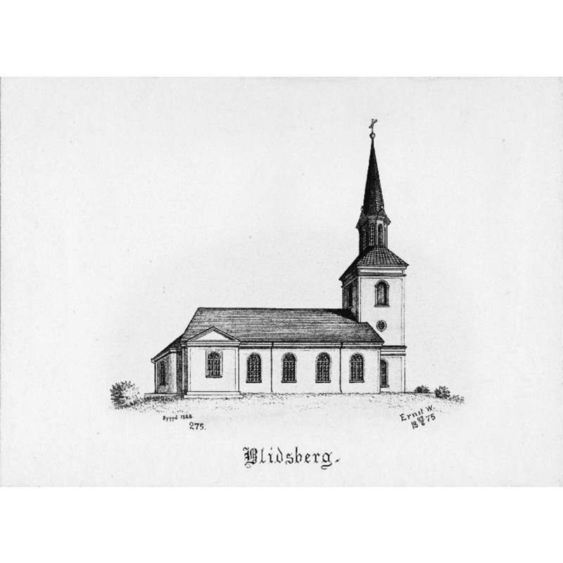 Source caption: "Kyrkan från norr. Tryck efter teckning av Ernst Wennerblad 1875."