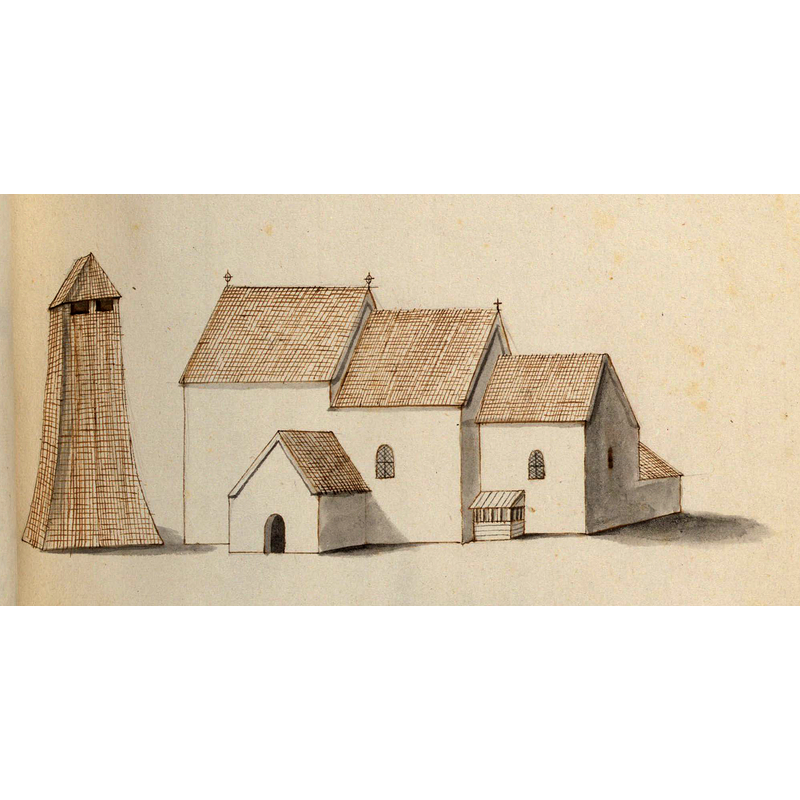 Source caption: "Kyrka, äldre, teckning ur Peringskiölds Monumenta, avfotograferad i färg. [...] End of the 17th century [...] Kungl. Biblioteket Peringskiöld, Johan, Monumenta Sveo-Gothorum. 9 : Monumenta per Westrogothiam, Scaniam, Hallandiam, Blekingiam"