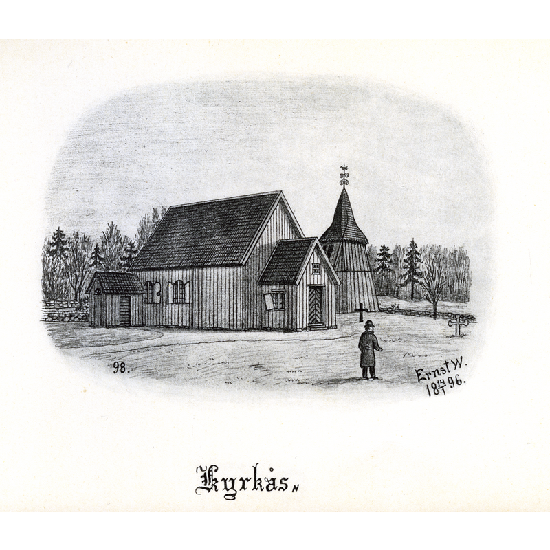 Source caption: "Kyrkan och klockstapeln från nordväst. Tryck efter teckning av Ernst Wennerblad 1896."