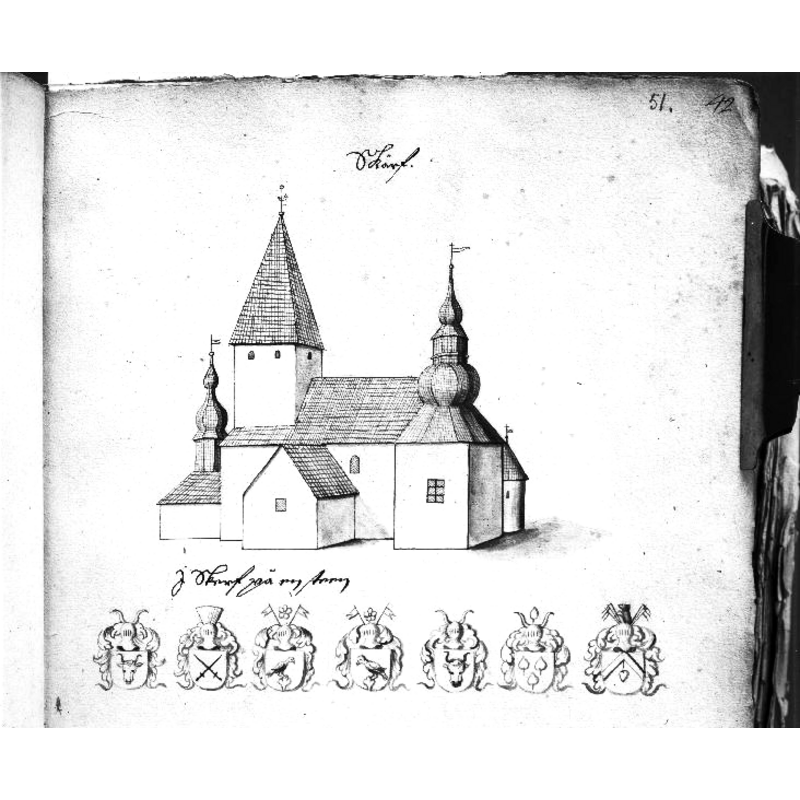 Source caption: "Den gamla kyrkan från sydöst, riven i slutet av 1700-talet. Foto efter teckning ur Peringskiölds Monumenta."