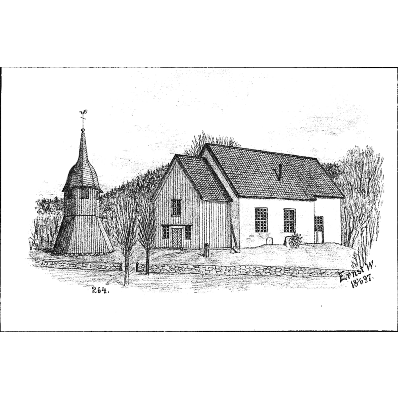 Source caption: "Kyrkan och klockstapeln från sydväst, efter teckning av Ernst Wennerblad, 1897."