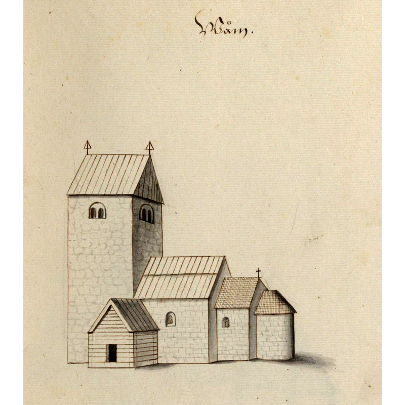 Source caption: "Kyrka, äldre, teckning ur Peringskiölds Monumenta, avfotograferad i färg. Date: End of the 17th century."