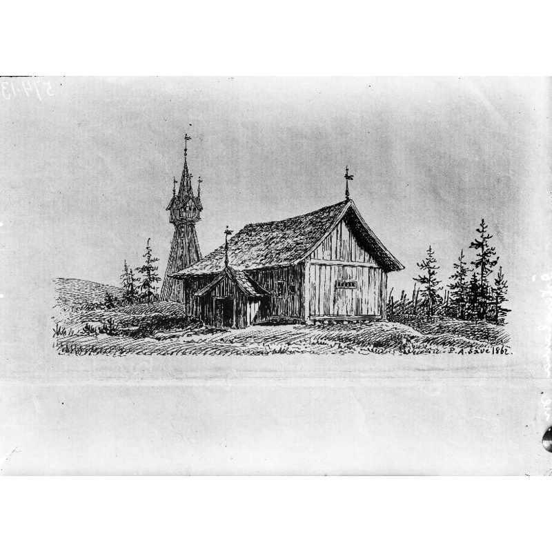 Source caption: "Undenäs, Skaga kapell [...] Kapellet, rekonstruktion, teckning av P. A. Säve, 1862, avfotograferad."