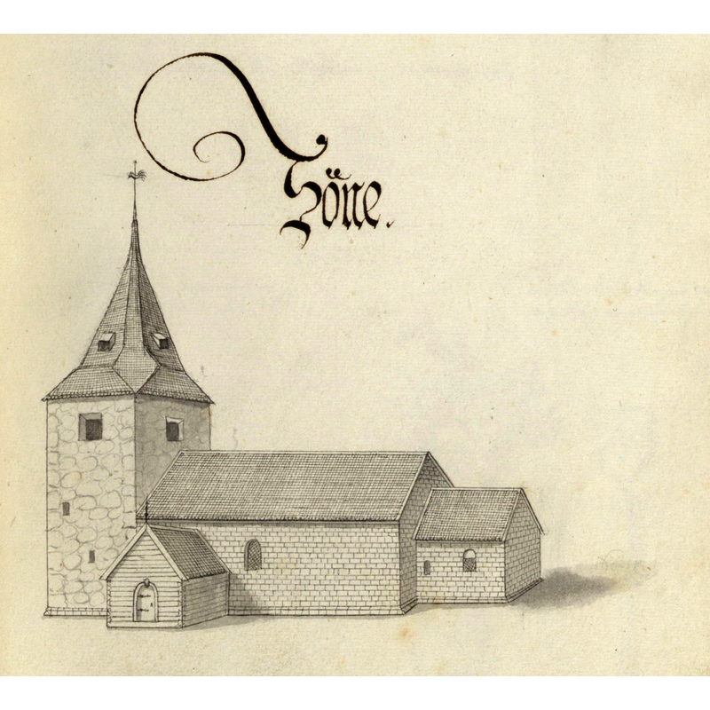 Source caption: " 	Söne kyrka. Kyrka, äldre, teckning ur Peringskiölds Monumenta, avfotograferad i färg. 	End of the 17th century"