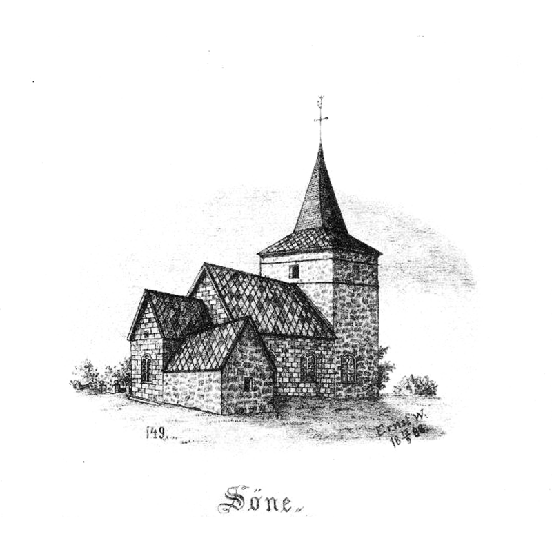 Source caption: "Kyrkan från nordöst, efter teckning av Ernst Wennerblad, 1888."
