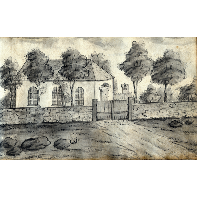 Source caption: "Laverad tuschteckning av Herrlunda kyrka och Pehr Thams graf, utan datering Källa: Stifts- och landsbiblioteket i Skara: MS Geografi Västergötland 1, bild 17 [...] 	1830s ?"