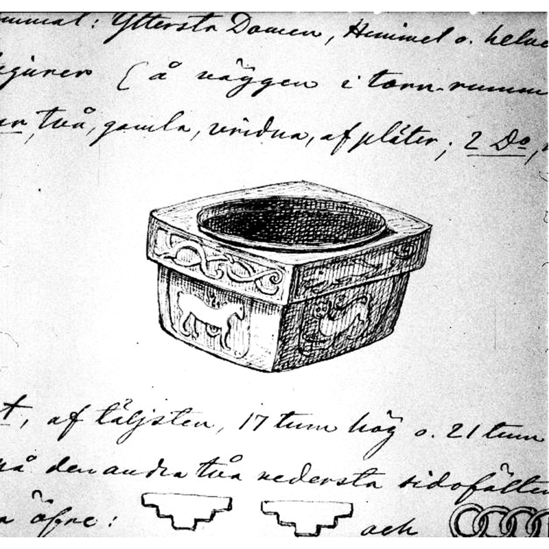 Source caption: "Dopfunt, medeltida (ursprungligen från Härlunda kyrka). Foto av teckning ur P.A. Säves Berättelse 1863." [NB: the text by the drawing in the source informs that the basin is made of soapstone and that it measures 17 inches [=tumm] tall and 21 inches across]