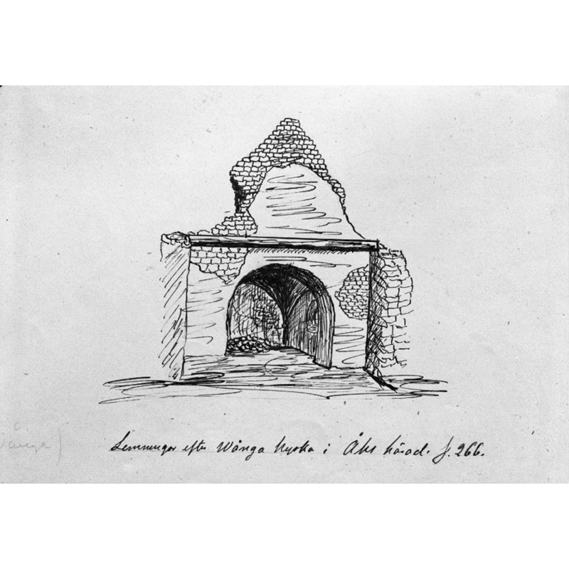 Source caption: "Möne, Södra Vånga kyrkoruin [...] Del av kyrkoruinen. Foto efter teckning ur Djurklou: Elfsborgs län, 1868."