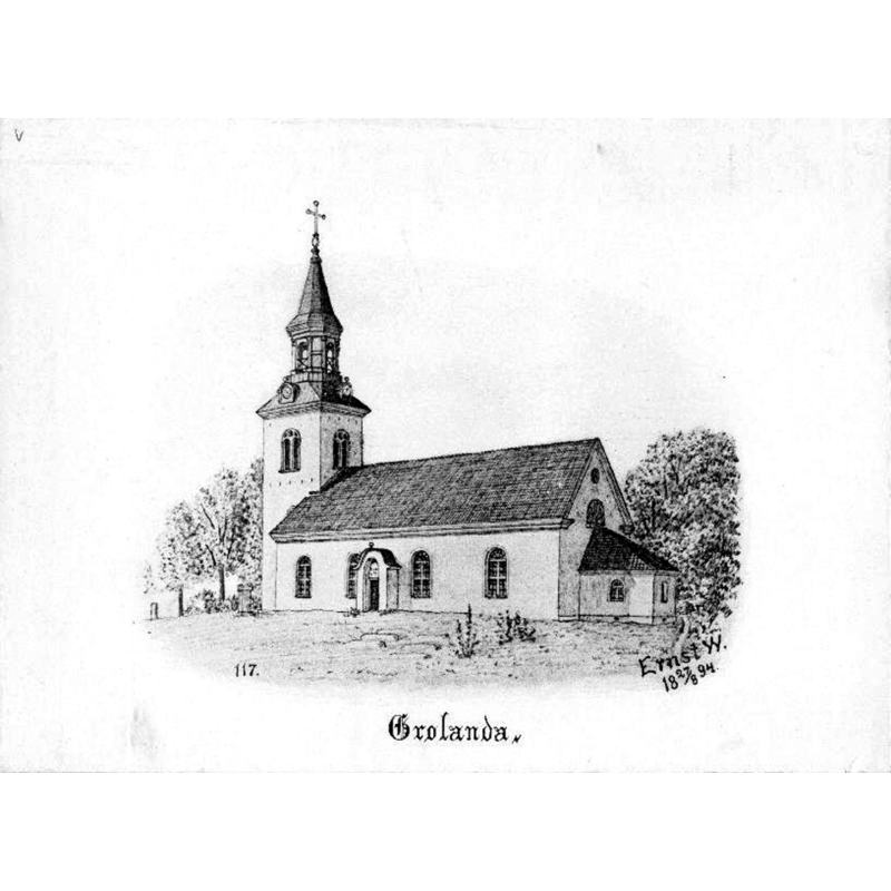 Source caption: "Kyrkan från sydöst. Tryck efter teckning av Ernst Wennerblad 1894."