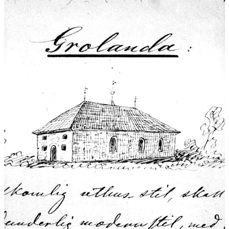 Source caption: "Grolanda, Skärvums kyrkoruin [...] Kyrkan från sydväst. Foto efter teckning ur P.A. Säve: Berättelse för år 1863." [NB: kärvums kyrka is said to have dated from the 12thC and was demolished in 1758]