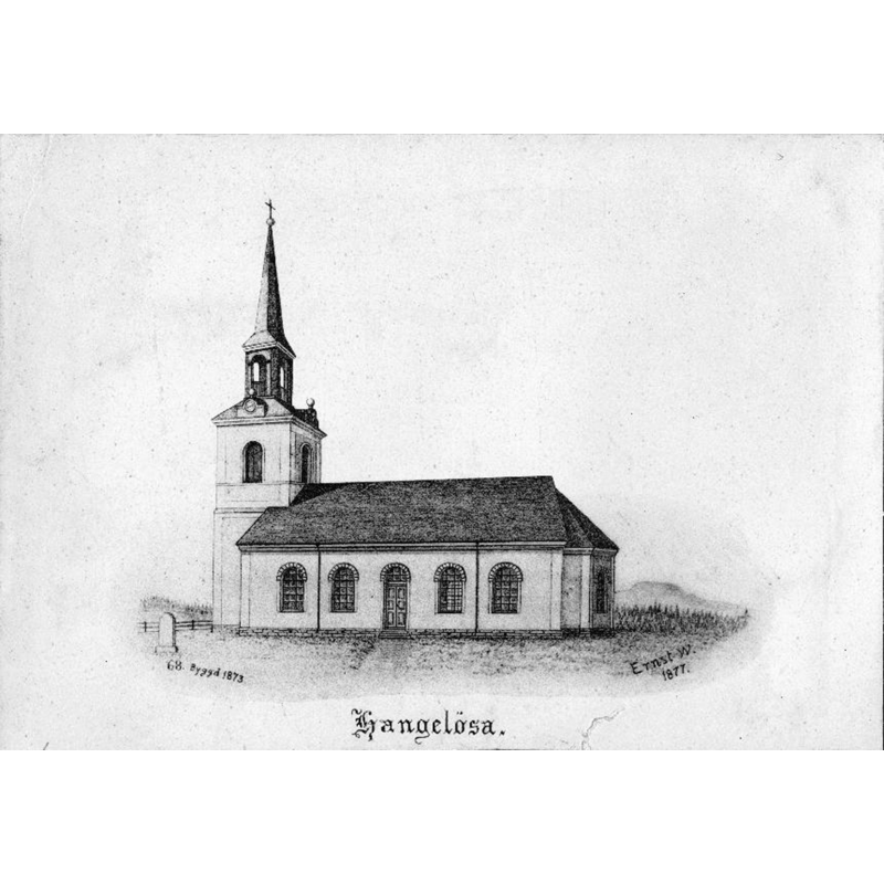 Source caption: "Kyrkan från söder. Tryck efter teckning av Ernst Wennerblad 1877."