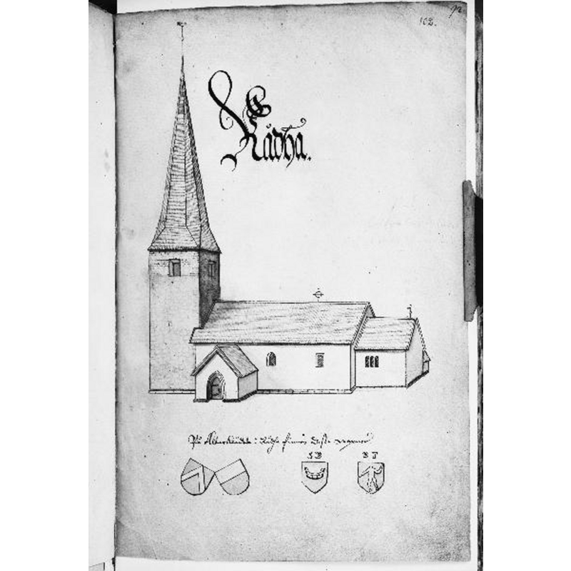 Source caption: "Kyrkan från sydöst. Foto efter teckning ur Peringskiölds Monumenta."