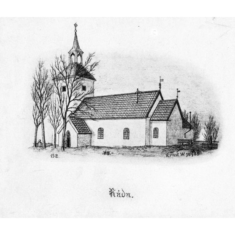 Source caption: "Kyrkan från sydöst. Tryck efter teckning av Ernst Wennerblad 1885."