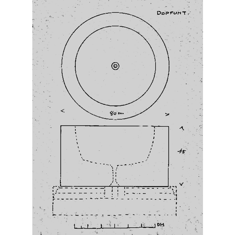 includes measurements for the outer diameter and height of the basin -- Source caption: "Dopfunt, sandsten, 1100-talet. Uppmätningsritning utförd av Anders Roland 1911."