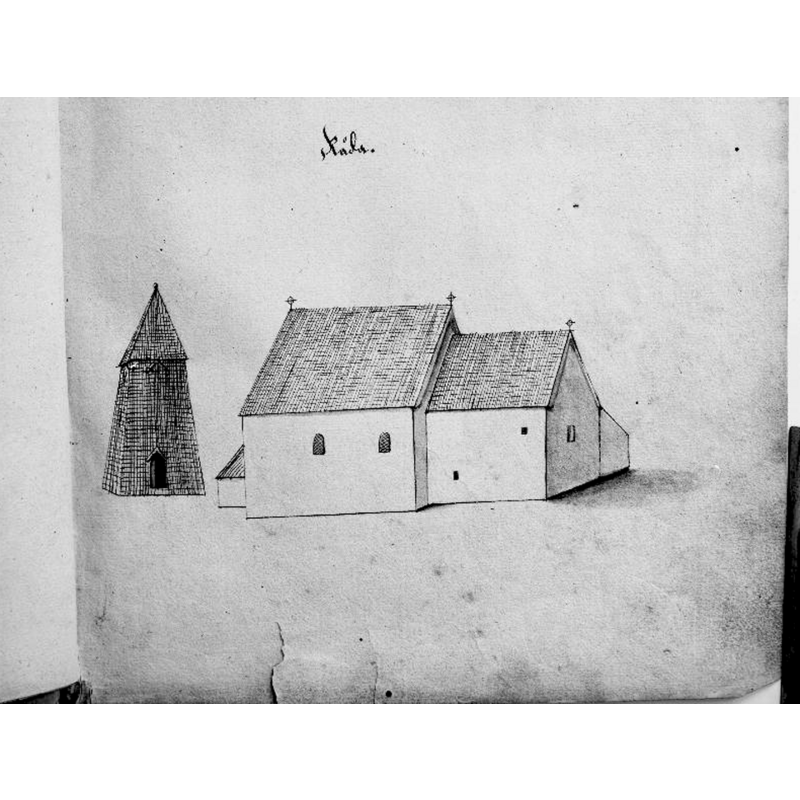 Source caption: "Gamla kyrkan och klockstapeln från sydöst. Foto efter teckning ur Peringskiölds Monumenta."