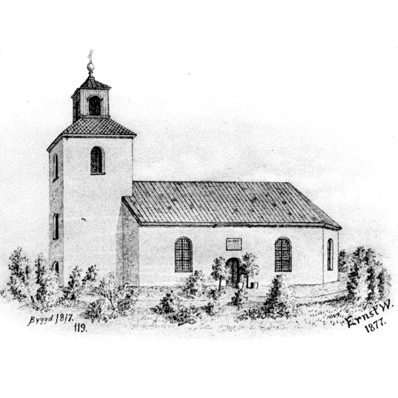 Source caption: "Kyrkan från söder. Tryck av teckning av Ernst Wennerblad, 1877." -- this church was newly built in 1817 to replace the three demolished medieval churchs of Stenstorp, Brunnhem and Södra Kyrketorp