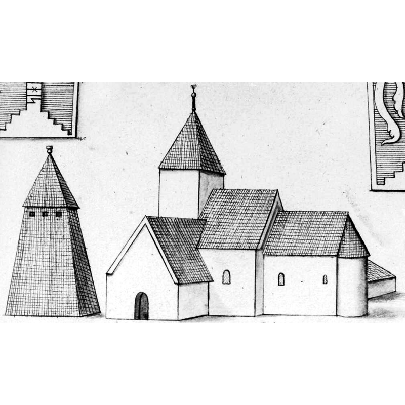 Sourca caption: "Kyrkan och klockstapeln från söder. Foto efter teckning ur Peringskiölds monumenta." [NB: the image in the original Kulturmiljöbild, Riksantikvarieämbetet URL is reversed horizontally; the image we are showing here has been corrected accordingly]