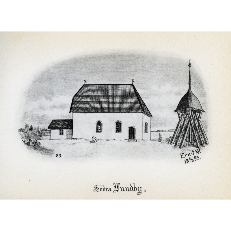 Source caption: "Södra Lundby kyrka år 1893 i Laske härad, Skara stift, Västergötland, Sverige. Teckning av Ernst Wennerblad ur Skara stifts kyrkor (1902)"