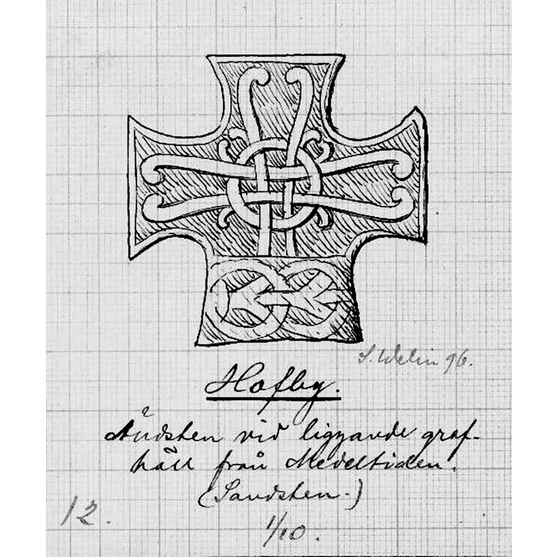 Source caption: "Gravmonument av sandsten, 1100-talet, gavelkors, teckning av Sanfrid Welin, 1896."