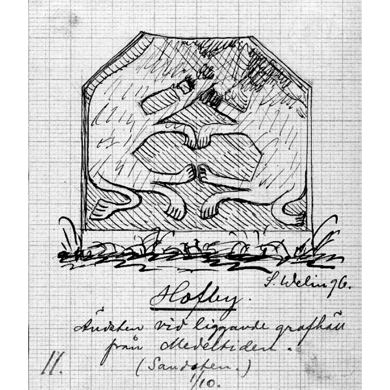 Source caption: "Gravmonument av sandsten, 1100-talet, gavelkors, teckning av Sanfrid Welin, 1896."