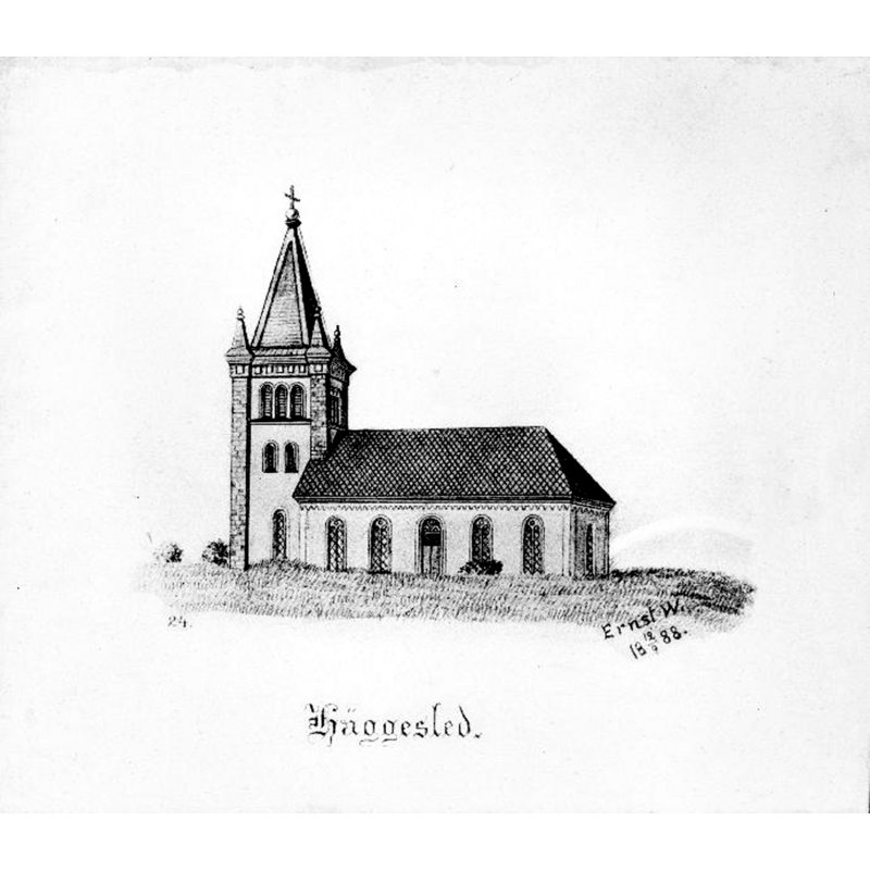Source caption: "Kyrkan från söder. Tryck av teckning av Ernst Wennerblad, 1888."