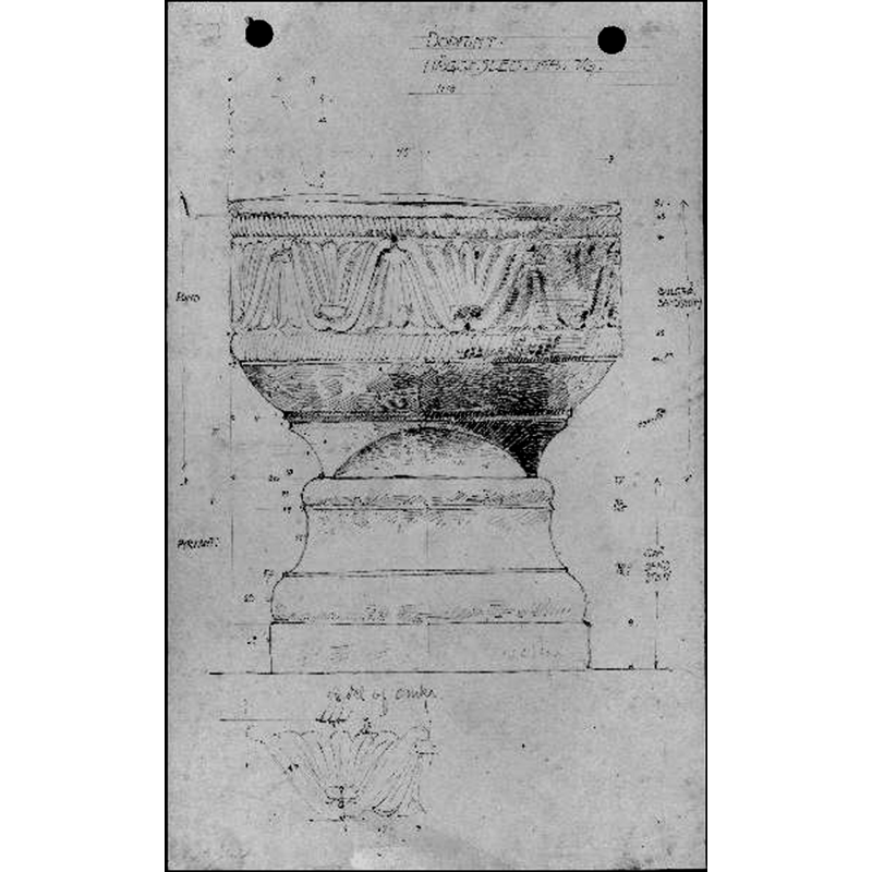 Source caption: "Dopfunt av sandsten, 1100-tal. Teckning av Anders Roland, 1904."