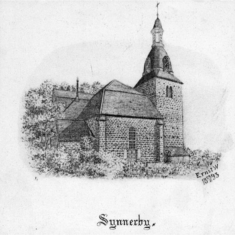 Source caption: Kyrkan från nordöst. Tryck efter teckning av Ernst Wennerblad 1893."