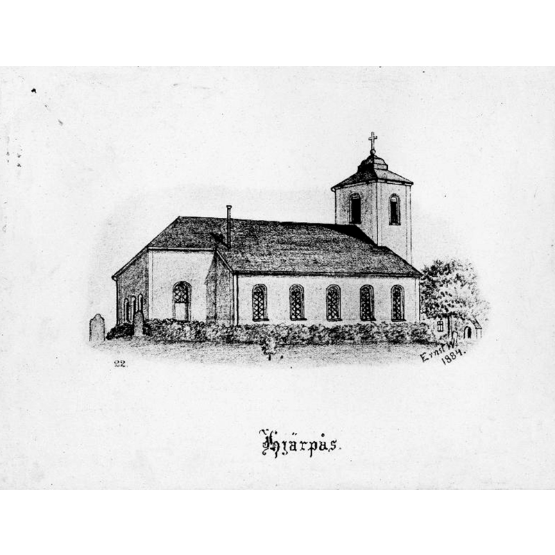 the early-19thC church built on the site of the medieval one -- Source caption: "Kyrkan från nordöst. Tryck efter teckning av Ernst Wennerblad 1884."